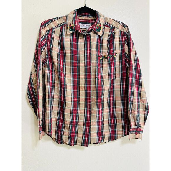 Karen Scott Women's Plaid Long Sleeve Button Up Top with Floral Embroidery Sz S - Picture 1 of 4